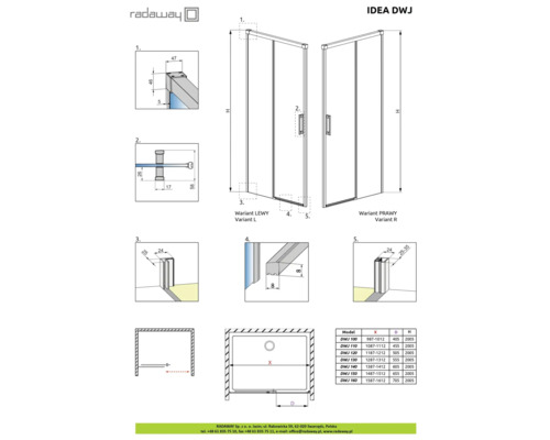 Desen tehnic al ușii de duș Radaway Idea DWJ cu dimensiuni