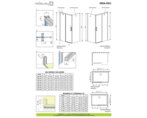 Desen tehnic al cabinei de duș Radaway Idea KDJ cu dimensiuni