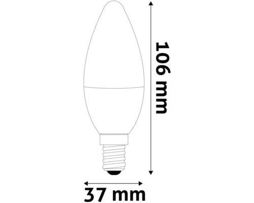 Dimensiunile unui bec tip lumânare: 106 mm lungime și 37 mm diametru.