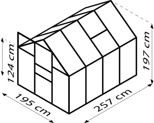 Schema serei cu dimensiunile de 257 cm lungime, 195 cm lățime și 197 cm înălțime