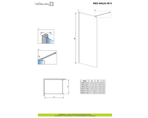 Desen tehnic al unui perete de duș Nes Walk-In II cu dimensiuni