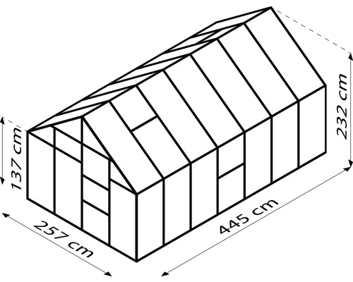 Ilustrație cu o seră cu dimensiunile de 257 cm pe 445 cm și o înălțime de 232 cm.