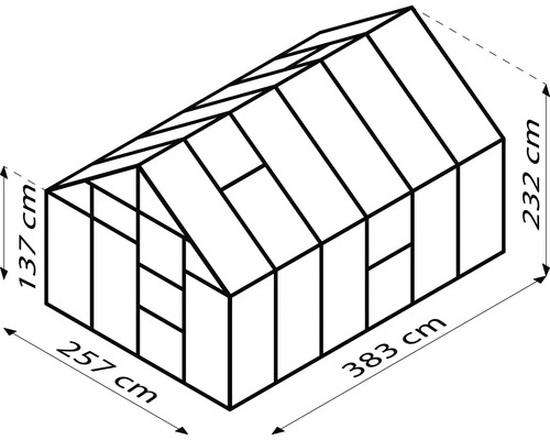 Desen al unei sere cu dimensiunile de 257 cm lățime, 383 cm lungime și 232 cm înălțime.